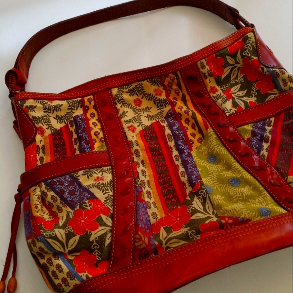 Fossil Leather Trim Multicolor Shoulder Bag Snap Close Pockets Patchwork Hobo